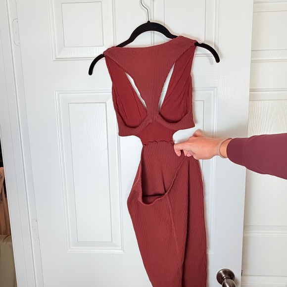 Free People Beach Ribbed Deep V Cutout Midi Dress Red XS - Picture 3 of 5